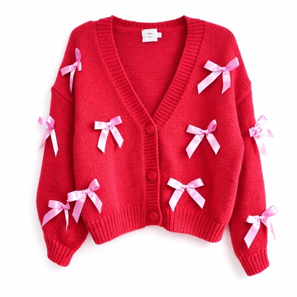 Anthropologie Sweaters - Anthropologie Luna Ivy Red Cardigan Adorned With Pink Bows. Sz.M Cozy